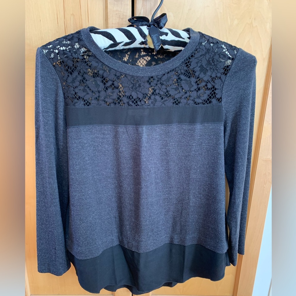 Rebecca Taylor Gray Silk Blend Jersey and Lace Top Size XS